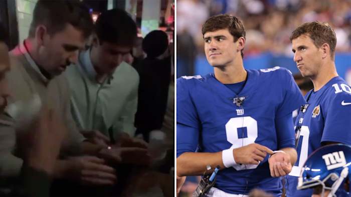 Eli Manning and Daniel Jones play flip cup after Giants beat Redskins